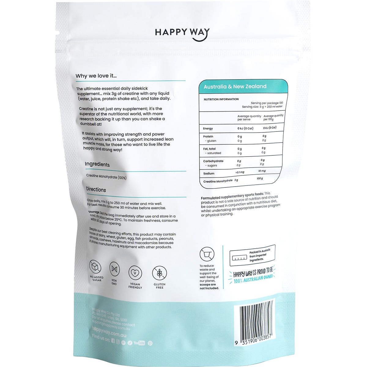 Happy Way 300g Creatine Powder Monohydrate tub with a scoop showing white powder on a white background.