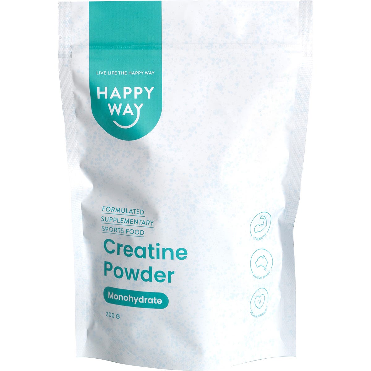 300g tub of Happy Way Creatine Powder Monohydrate with a clean label on a white background.