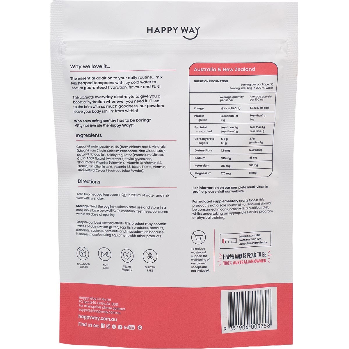 Happy Way Electrolyte Powder Watermelon 300g Payless 4 Organics