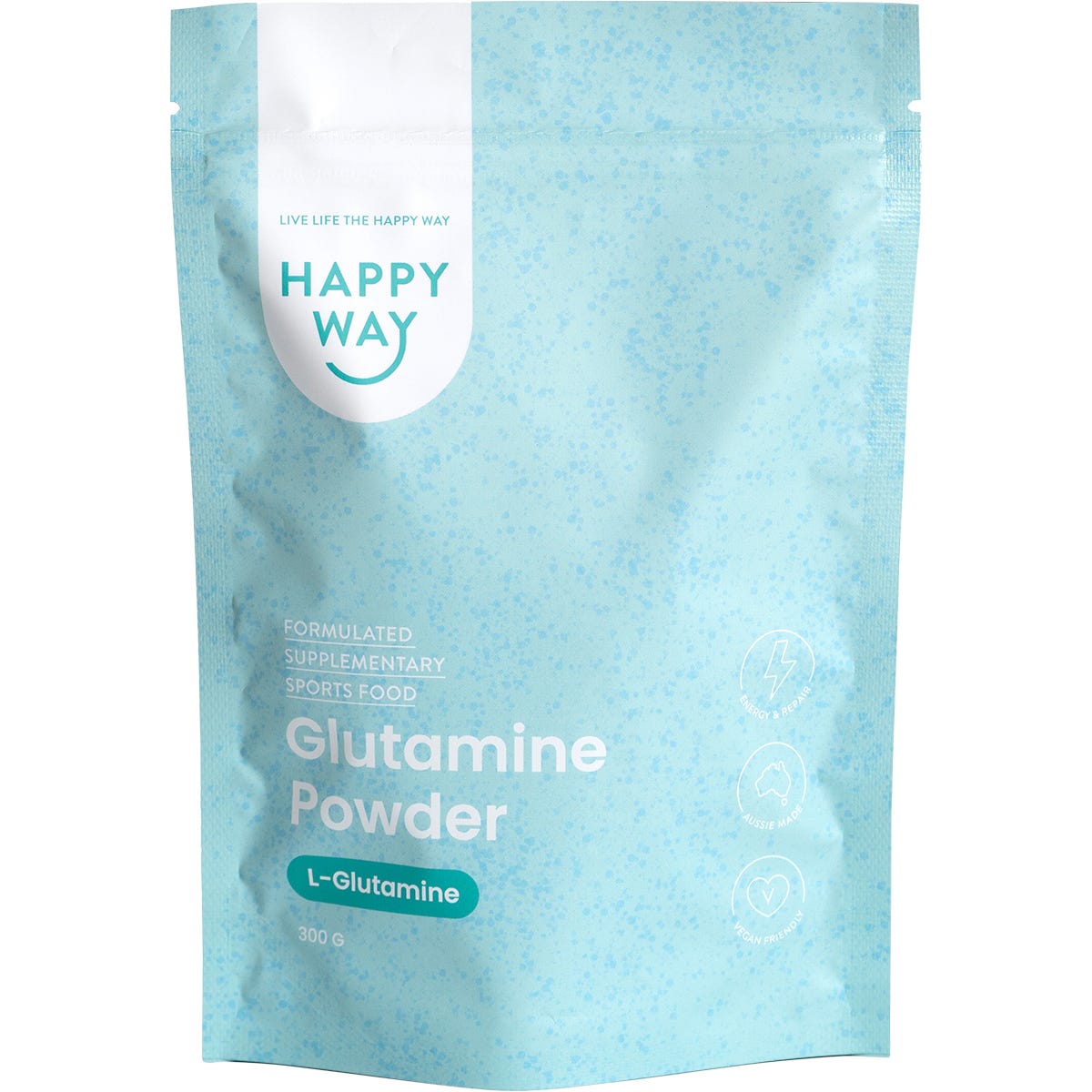 300g tub of Happy Way L-Glutamine powder, a pure and unflavoured supplement for workout recovery and muscle repair.