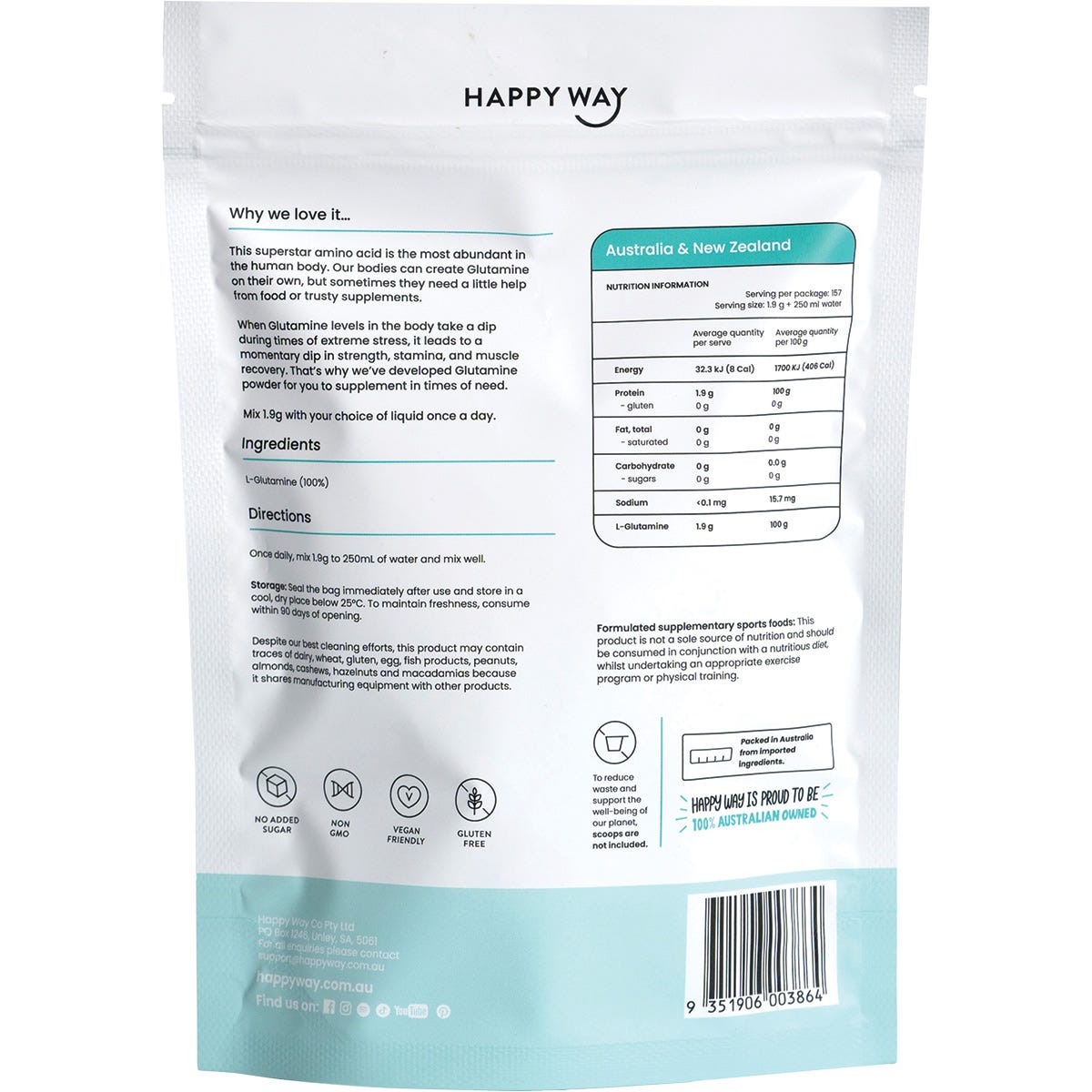 300g tub of Happy Way L-Glutamine powder, a pure and unflavoured supplement for workout recovery and muscle repair.
