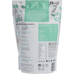 Back of a 500g pouch of Happy Way Cacao Mint Hemp Protein Powder showing ingredients and nutritional information.