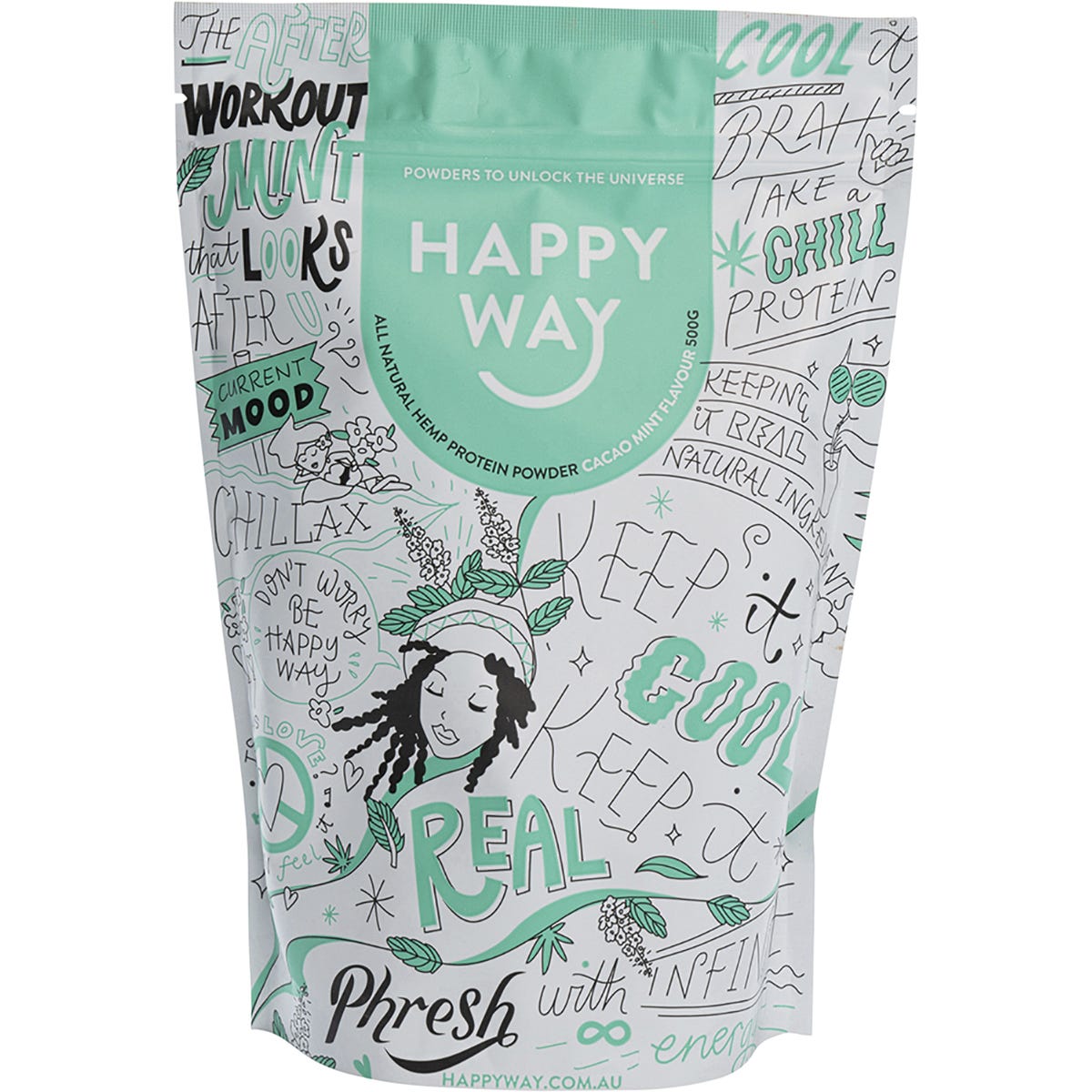 500g pouch of Happy Way Hemp Protein Powder Cacao Mint with organic cacao and plant-based ingredients.