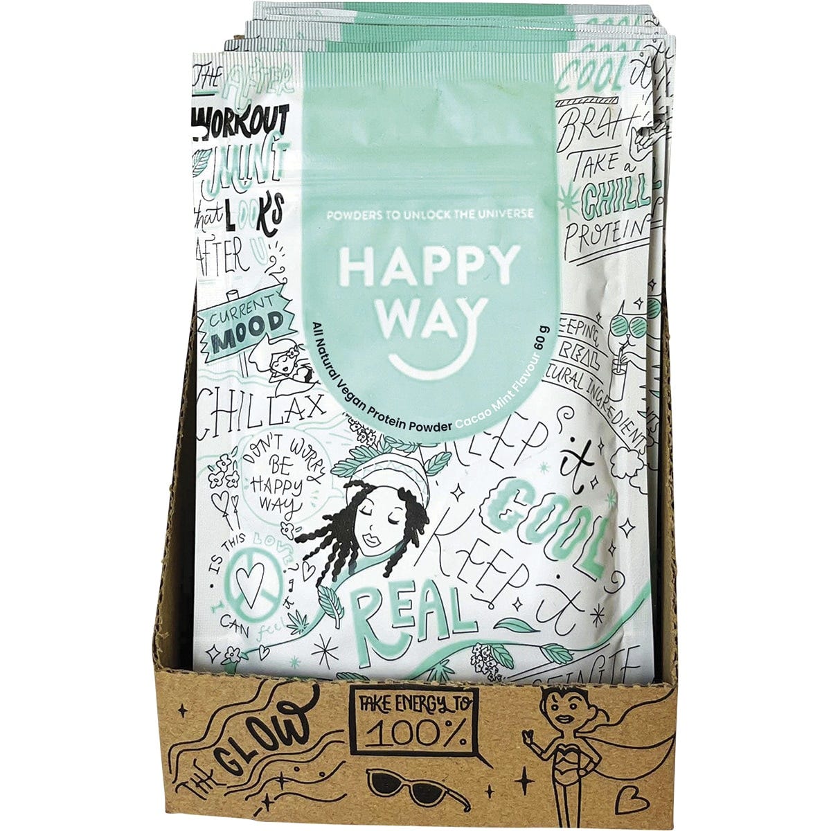 Back of Happy Way Cacao Mint Hemp Protein 60g pouch with nutritional info, ingredients, and directions.