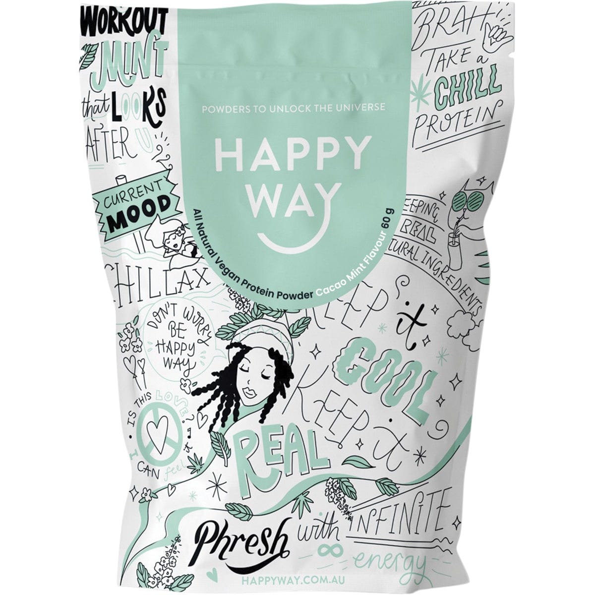 Six 60g pouches of Happy Way Cacao Mint Hemp Protein Powder in a mint green box with chocolate and mint illustrations.