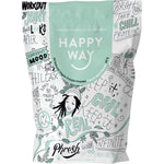 Six 60g pouches of Happy Way Cacao Mint Hemp Protein Powder in a mint green box with chocolate and mint illustrations.