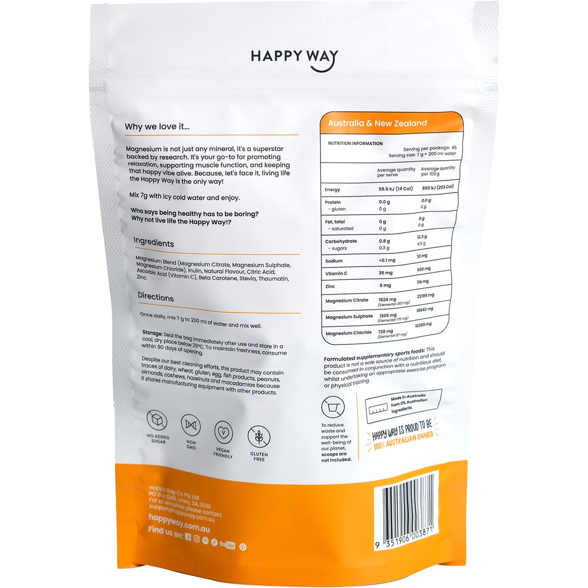 Happy Way 315g orange magnesium powder pouch on a white background with citrus illustrations.