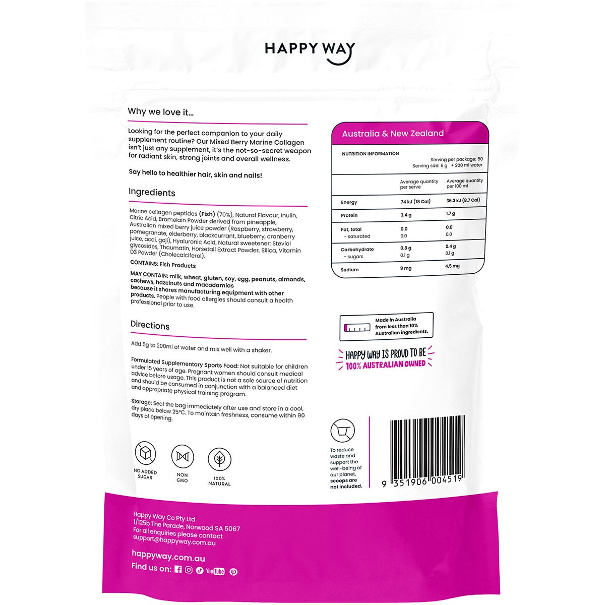 Happy Way Marine Collagen + Vitamin D Mixed Berry 250g Payless 4 Organics