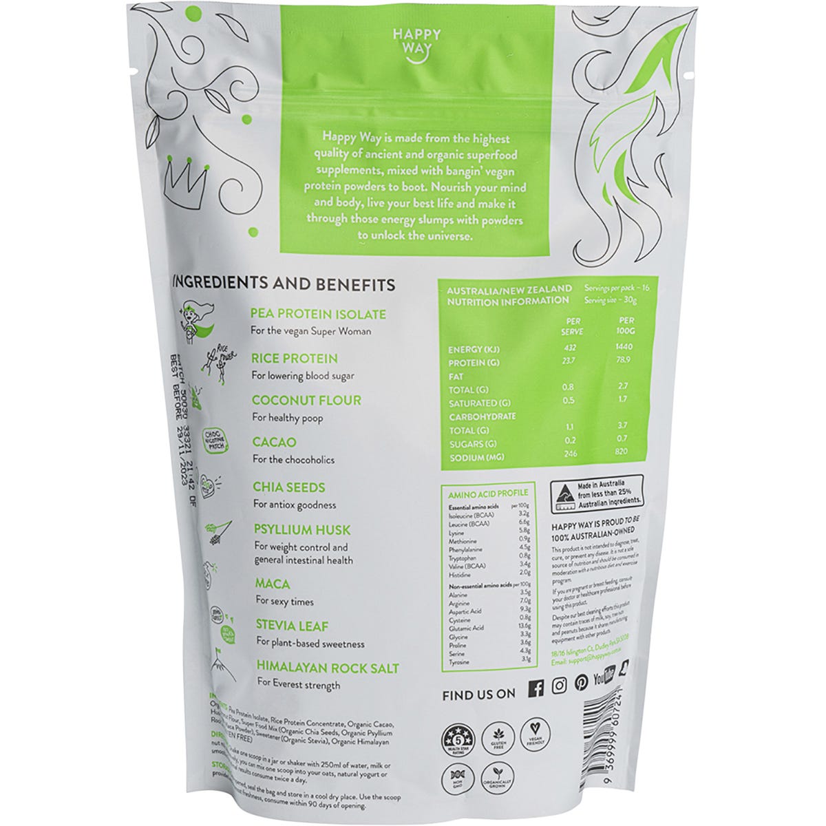 Happy Way Pea Protein Powder Chocolate 500g Payless 4 Organics