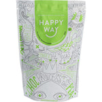 500g tub of Happy Way Chocolate Pea Protein Powder with a pink label and a white lid.