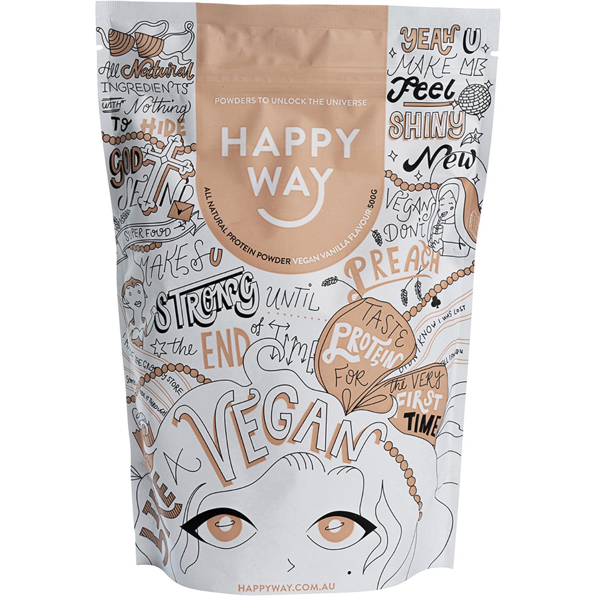 500g pouch of Happy Way Vanilla Pea Protein Powder on a white background with a colorful brand logo.