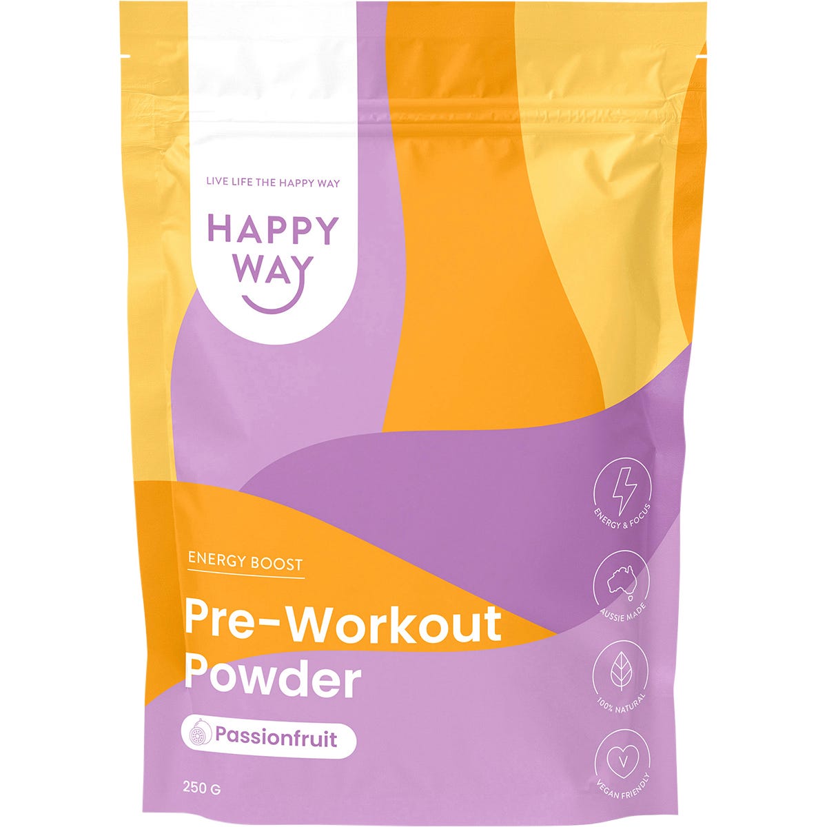 250g tub of Happy Way Passionfruit Pre-Workout Powder featuring botanical illustrations on a purple and white label.