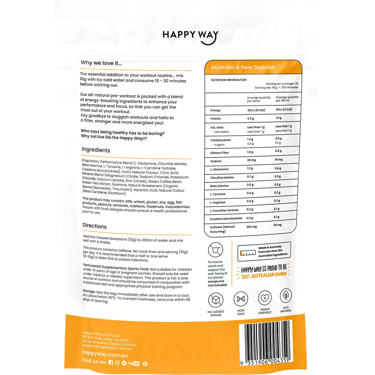 Happy Way Pre-Workout Powder Passionfruit 250g Payless 4 Organics