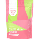 Happy Way Pre-Workout Powder Strawberry Kiwi 250g tub with illustrated fruit and green leaves on a white background.