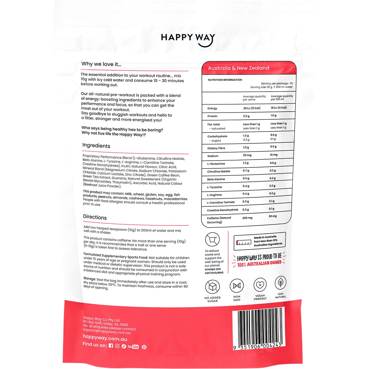 Happy Way Pre-Workout Powder Watermelon 250g Payless 4 Organics