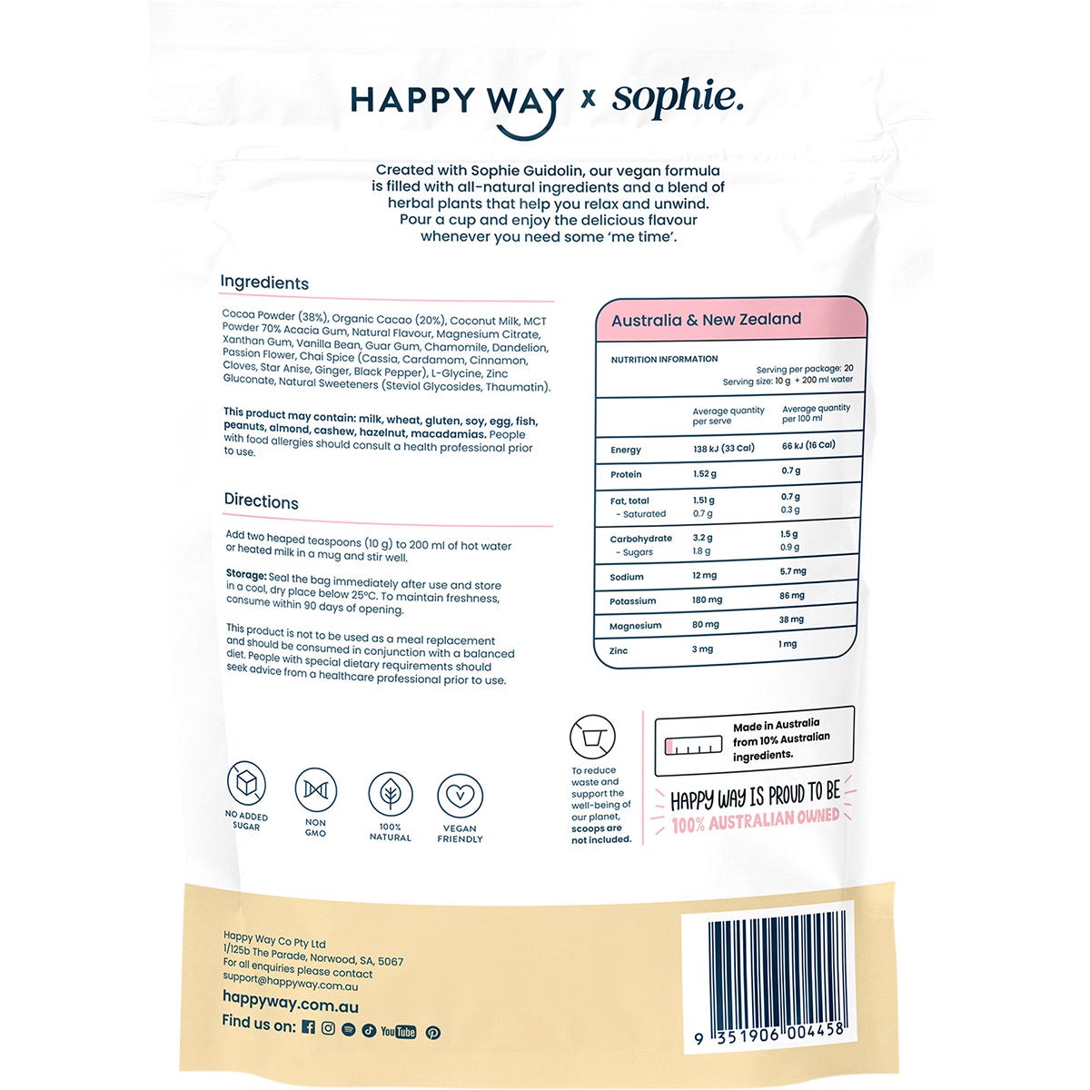Happy Way Sophie's Hot Choccy Vegan Vanilla Chai 200g Payless 4 Organics
