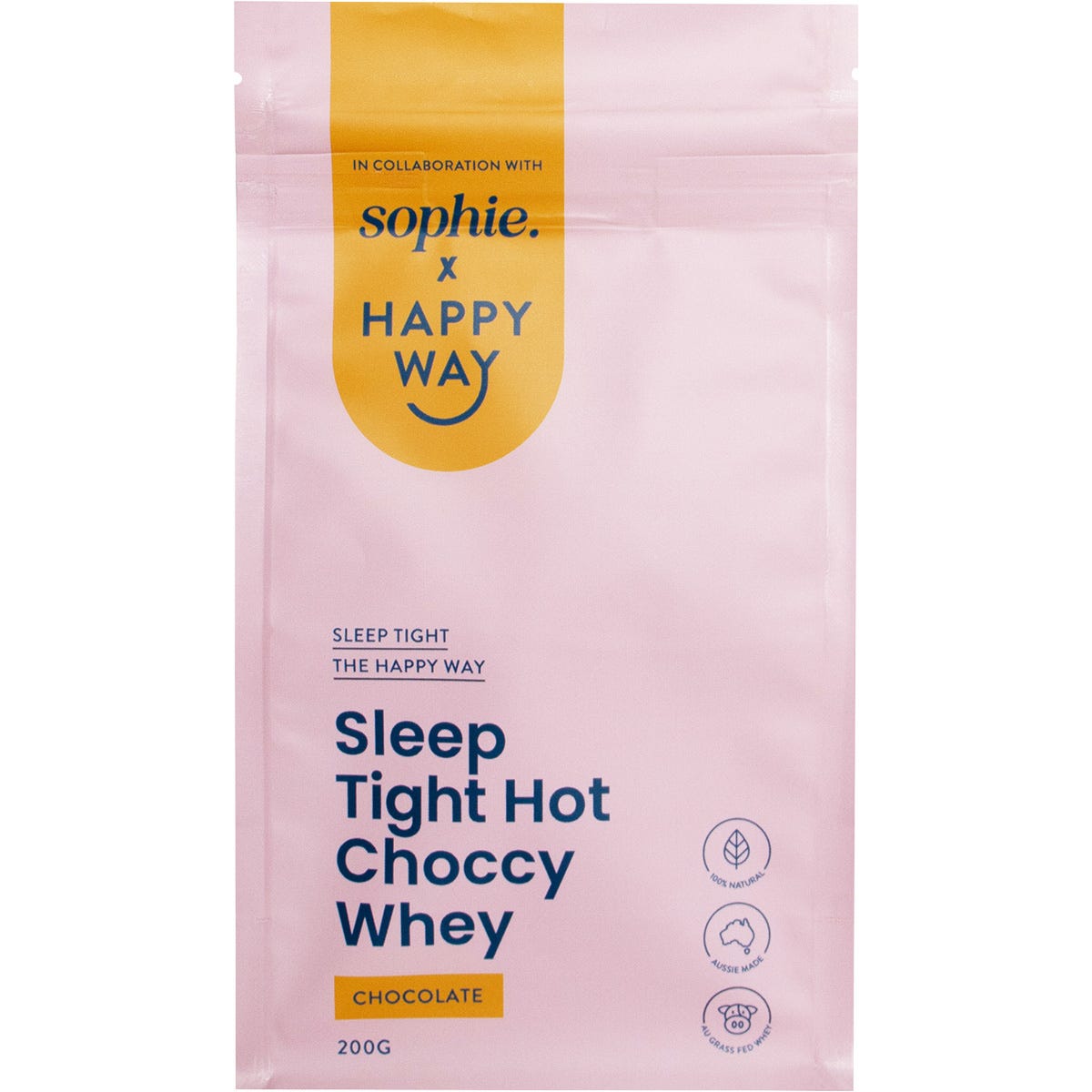 200g tub of Happy Way Sophie's Sleep Tight Hot Choccy Whey with a blue and purple botanical label on a white background.