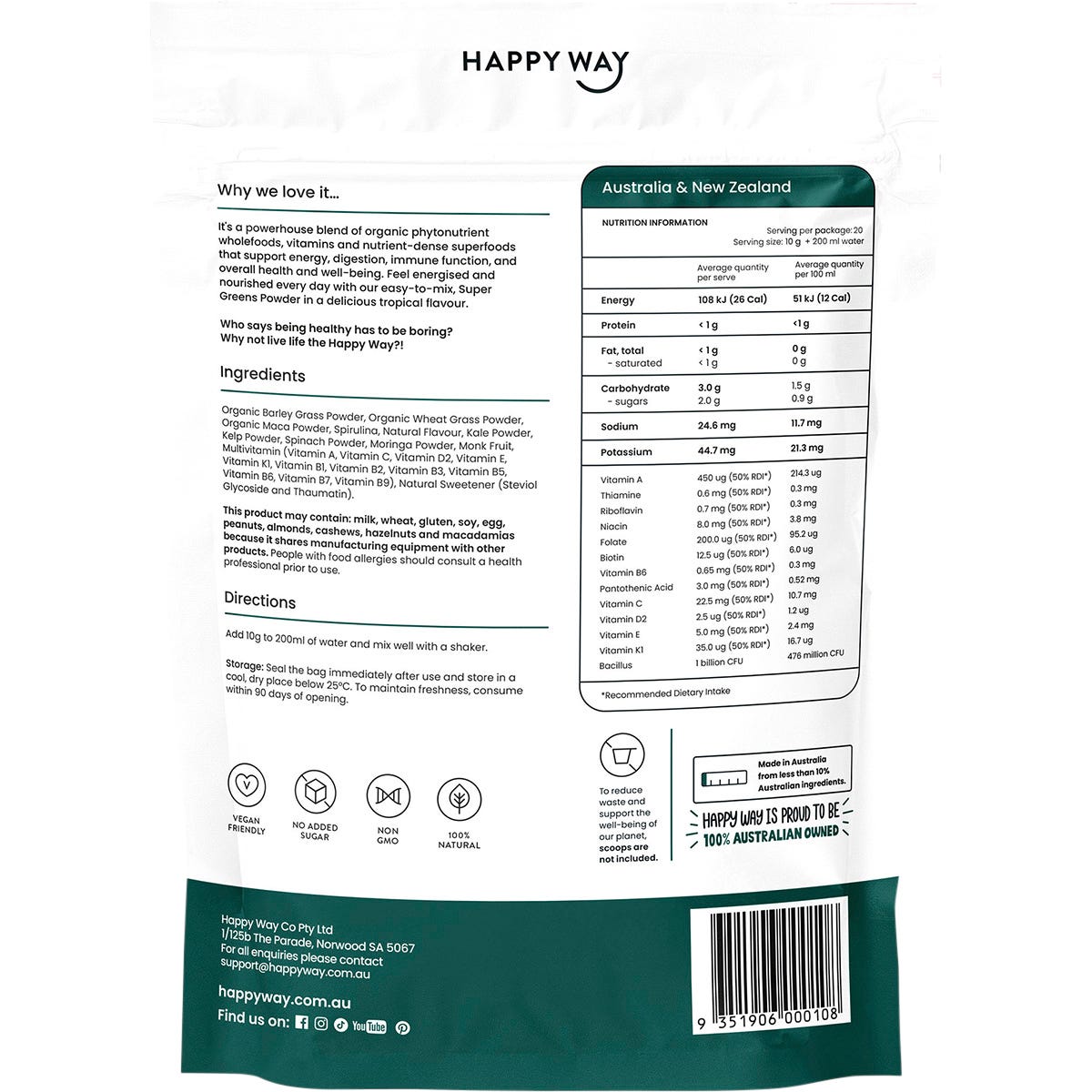 Happy Way Super Greens Powder Tropical 200g Payless 4 Organics