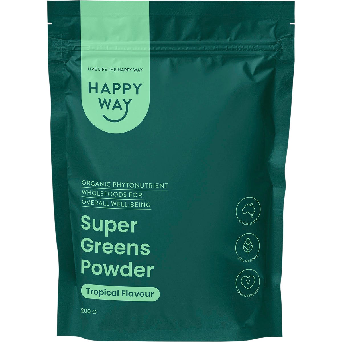 200g tub of Happy Way Super Greens Powder Tropical with botanical illustrations on a white background.