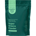 200g tub of Happy Way Super Greens Powder Tropical with botanical illustrations on a white background.