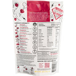 Happy Way Super Reds Raspberry 200g tub featuring red botanical illustrations and a close-up of a raspberry.