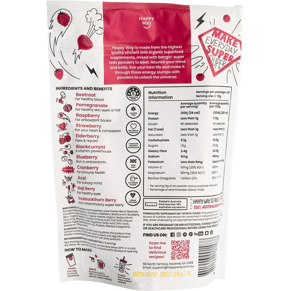 Happy Way Super Reds Raspberry 200g tub featuring red botanical illustrations and a close-up of a raspberry.
