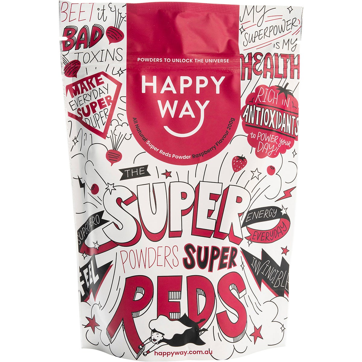 Happy Way Super Reds Raspberry 200g tub with red and pink botanical illustrations on a white background.