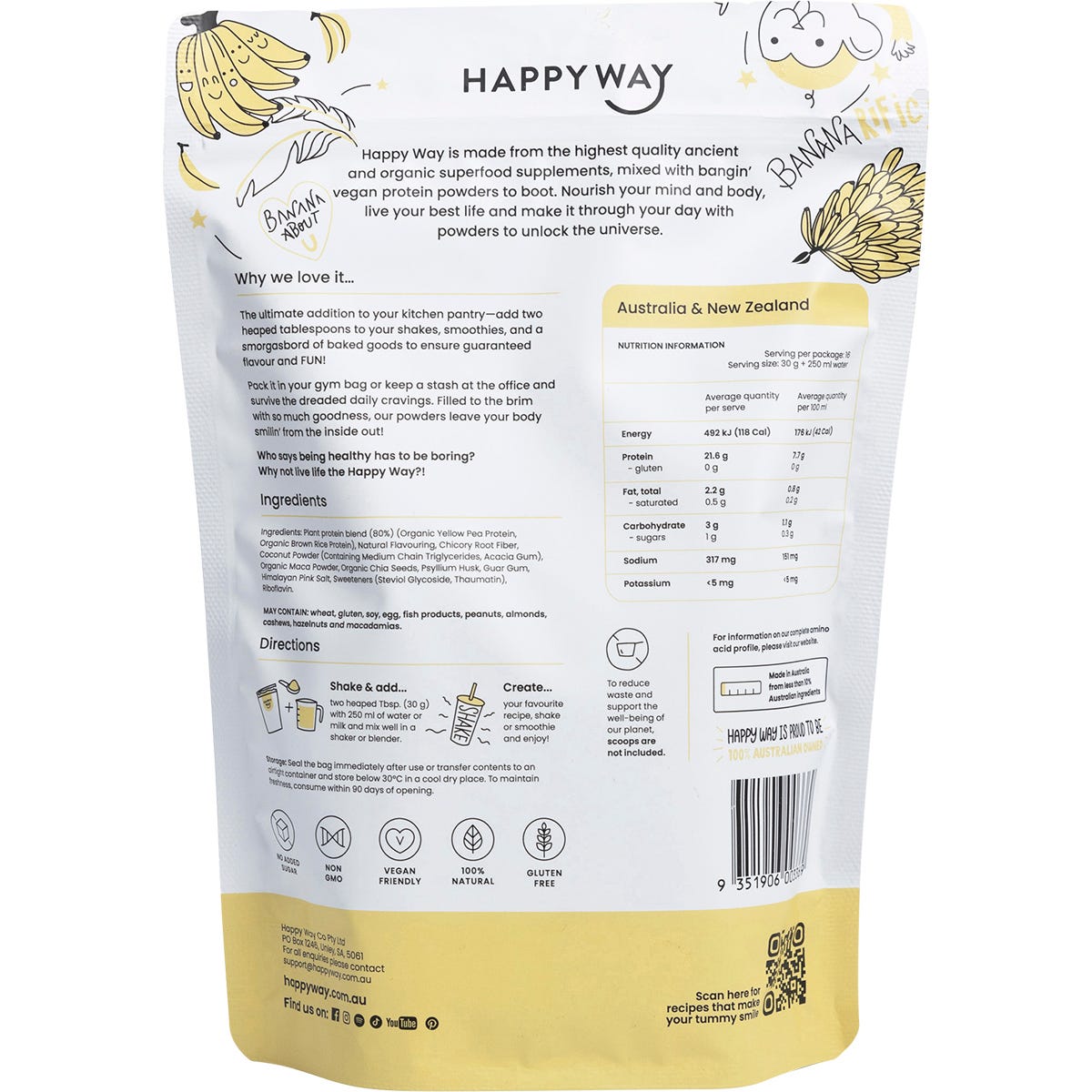 500g bag of Happy Way Banana Vegan Protein Powder with yellow banana illustrations on a white background.