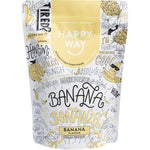 500g bag of Happy Way Banana Vegan Protein Powder with illustrations of bananas and a tropical leaf.