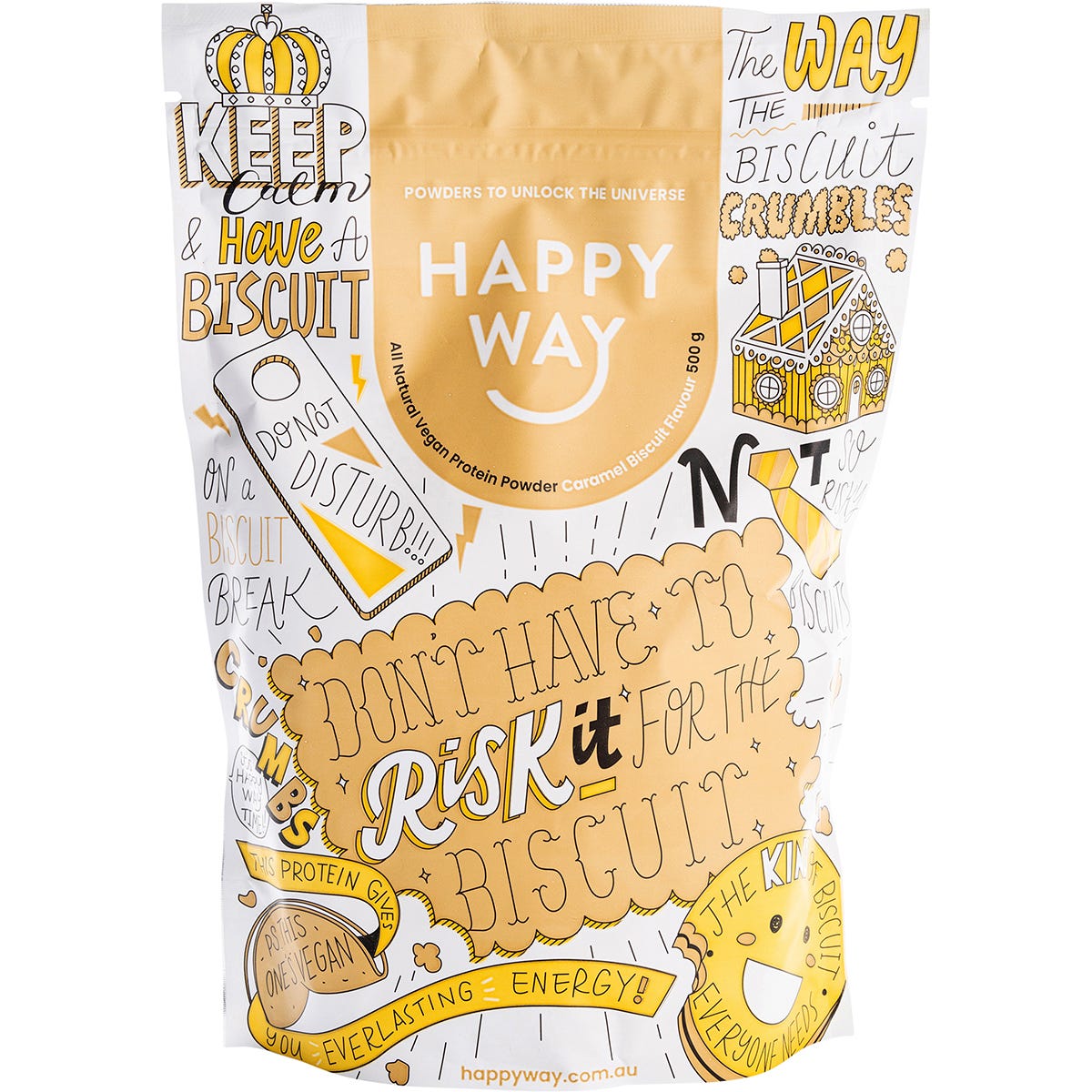 Happy Way Vegan Protein Powder Caramel Biscuit 500g bag featuring a tan label with botanical illustrations.