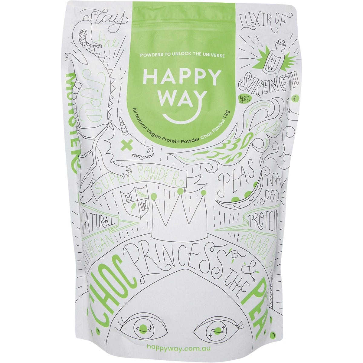 1kg bag of Happy Way Choc Pea Princess Vegan Protein Powder featuring a chocolate illustration on a white background.