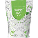 Six 60g pouches of Happy Way Vegan Chocolate Protein Powder displayed in a row on a white background.