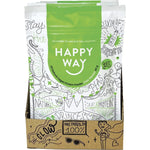 Six 60g pouches of Happy Way Vegan Chocolate Protein Powder on a white background.