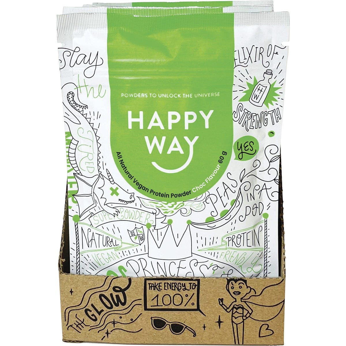 Six 60g pouches of Happy Way Vegan Chocolate Protein Powder on a white background.