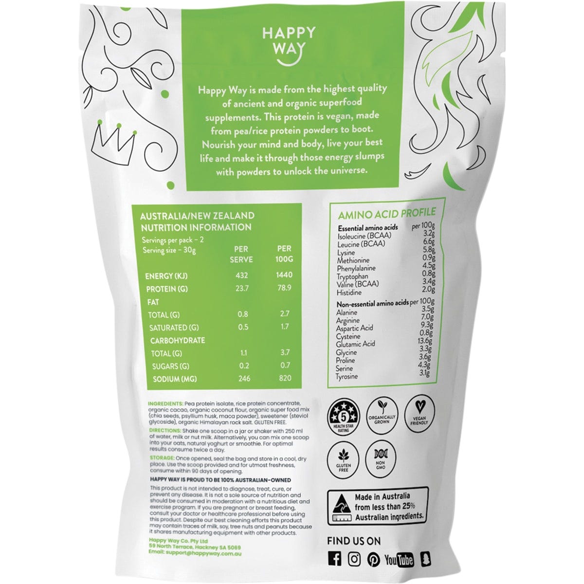 Happy Way Vegan Chocolate Protein Powder 60g pouch with a single serving of powder on a white background.