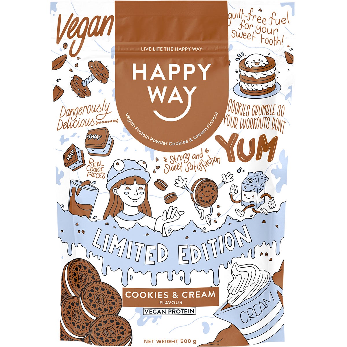 500g pouch of Happy Way Vegan Cookies and Cream protein powder with organic pea and rice protein.