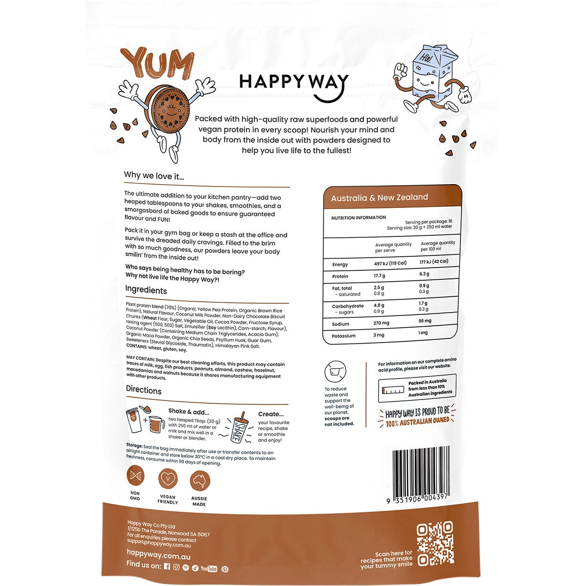 Happy Way 500g Cookies and Cream vegan protein powder pouch featuring pea and rice protein on a white background.