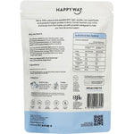 Back of Happy Way Flavourless Vegan Protein Powder 500g bag showing nutritional information and ingredients.