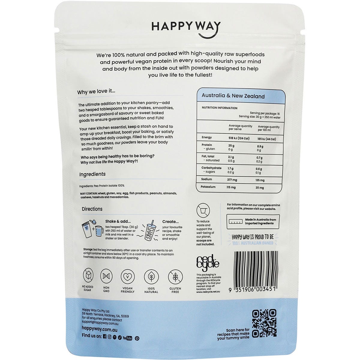 Back of Happy Way Flavourless Vegan Protein Powder 500g bag showing nutritional information and ingredients.