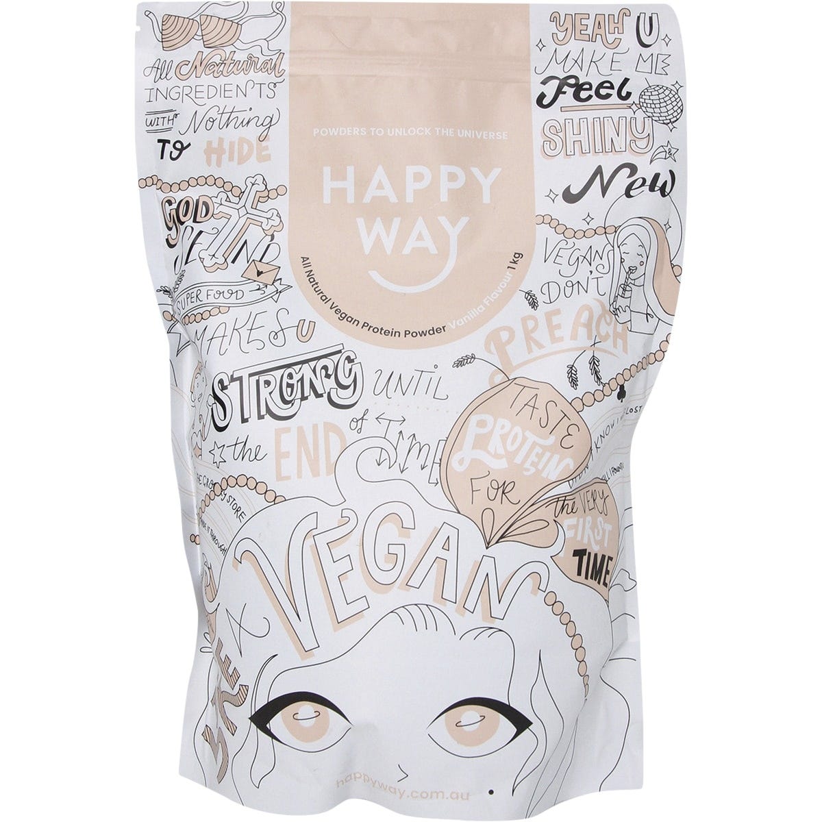 1kg tub of Happy Way Vegan Vanilla Protein Powder featuring a minimalist white and yellow label design.