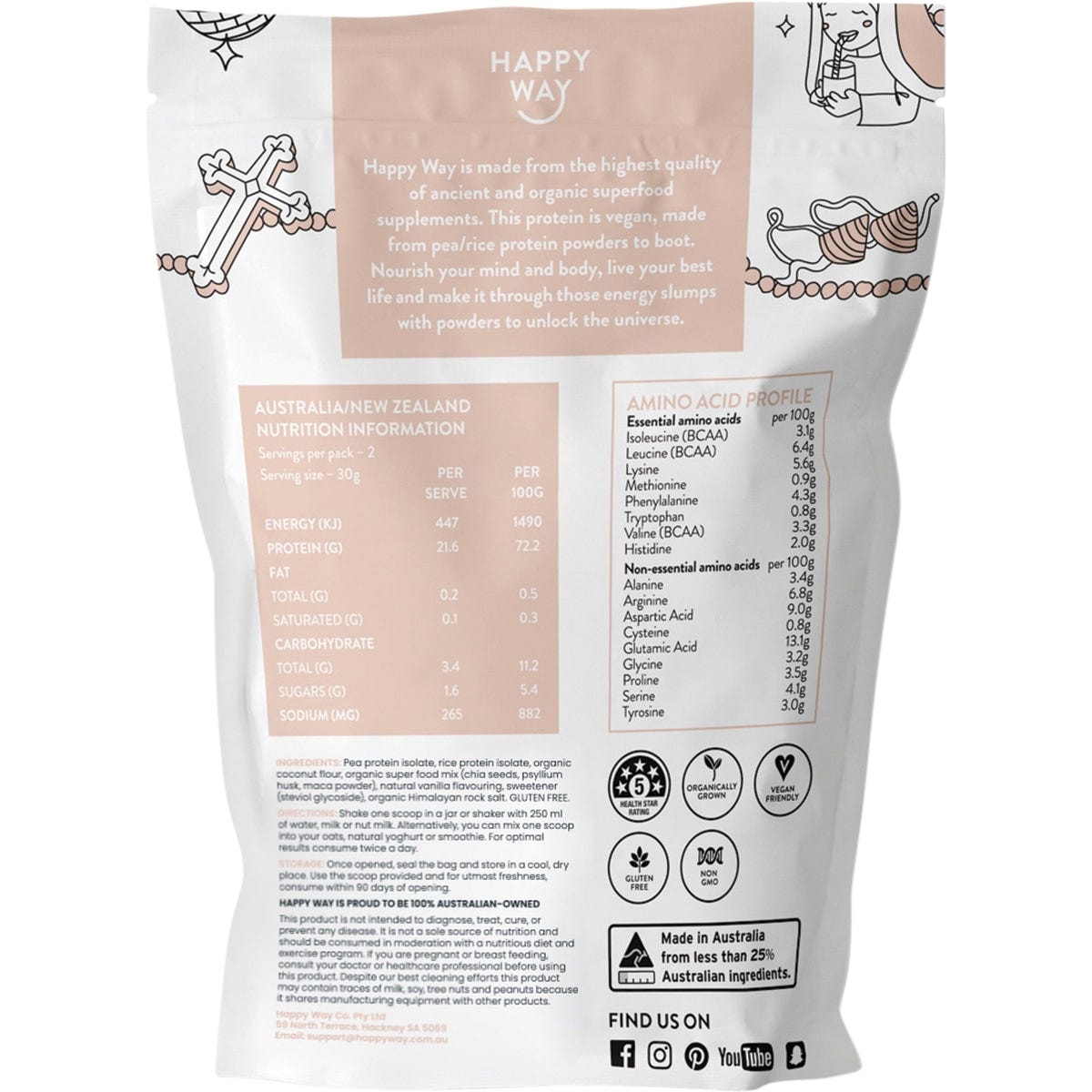 Box of Happy Way Vegan Vanilla Protein Powder containing six 60g sachets with yellow floral details.