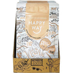 Yellow 60g sachet of Happy Way Vanilla Vegan Protein Powder with vanilla flower illustrations on a white background.