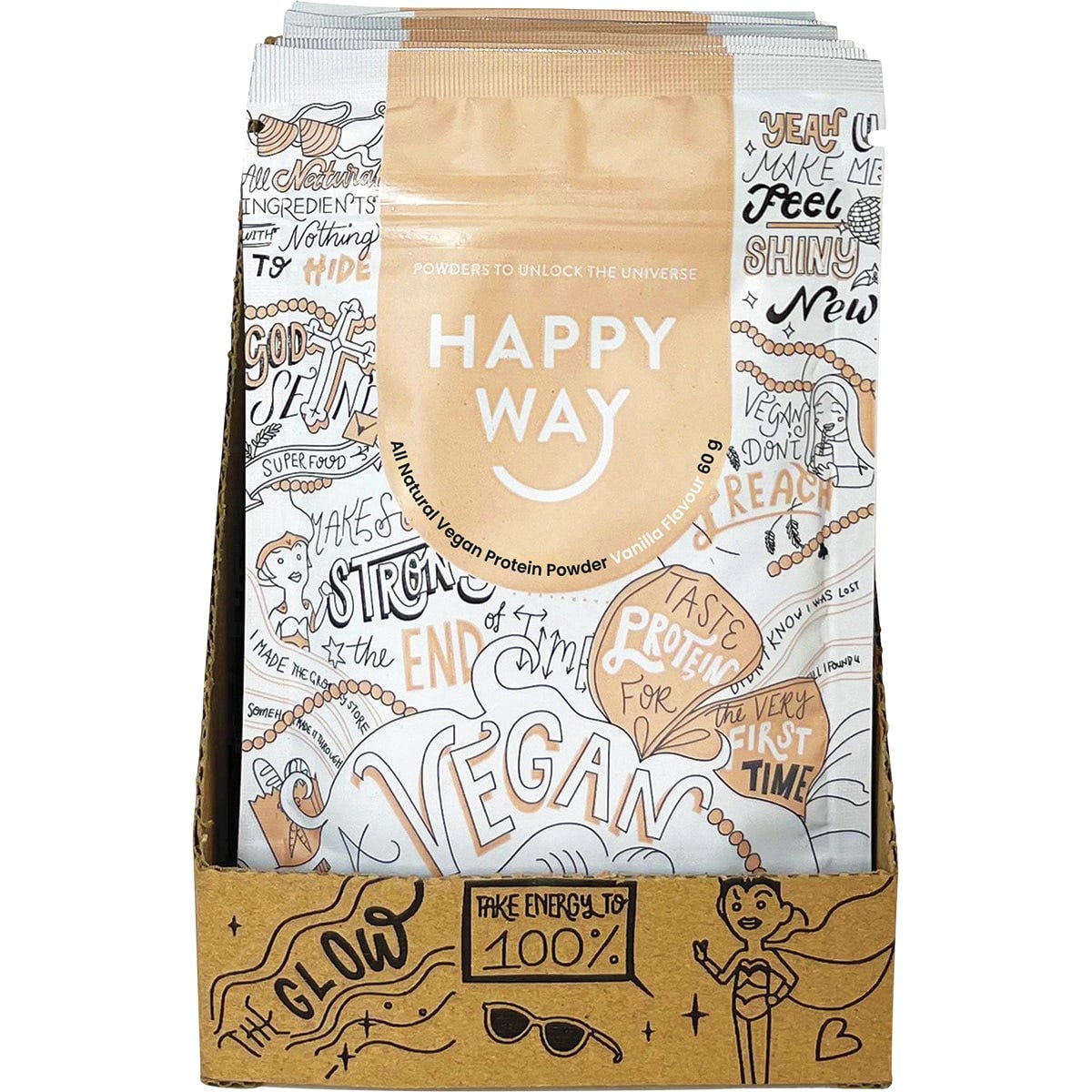 Yellow 60g sachet of Happy Way Vanilla Vegan Protein Powder with vanilla flower illustrations on a white background.