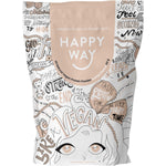 Six 60g sachets of Happy Way Vegan Vanilla Protein Powder in a white and yellow box with vanilla flower illustrations.