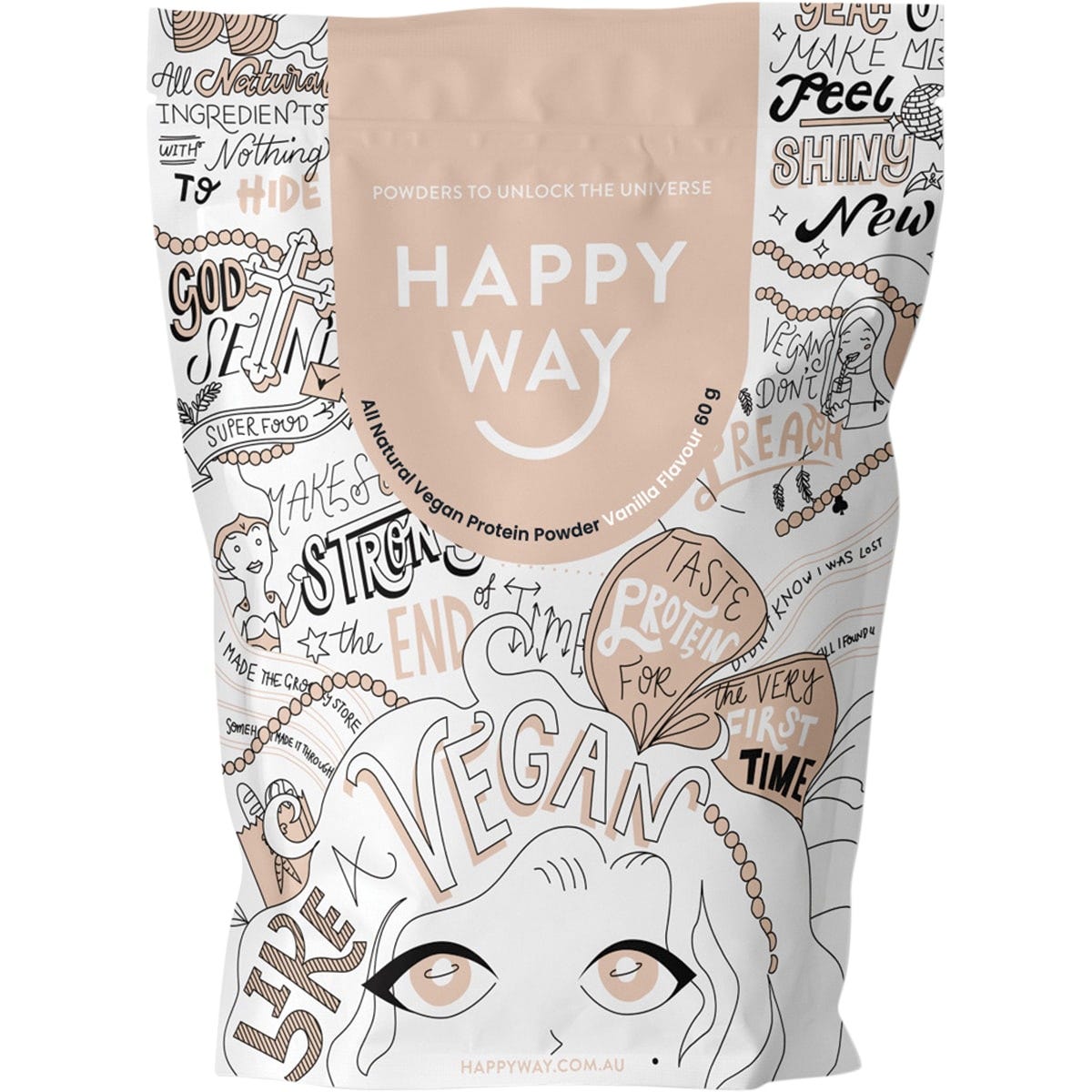 Six 60g sachets of Happy Way Vegan Vanilla Protein Powder in a white and yellow box with vanilla flower illustrations.