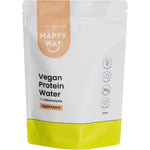 Happy Way Apple Peach Vegan Protein Water 420g tub with a white label featuring green and peach illustrations.