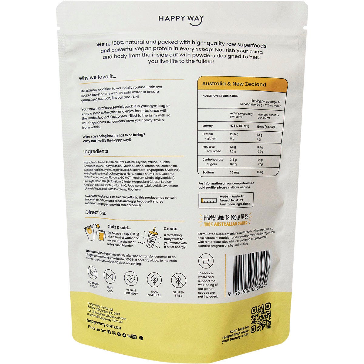 Happy Way Vegan Protein Water Tropical Crush 420g tub shown on a white background.