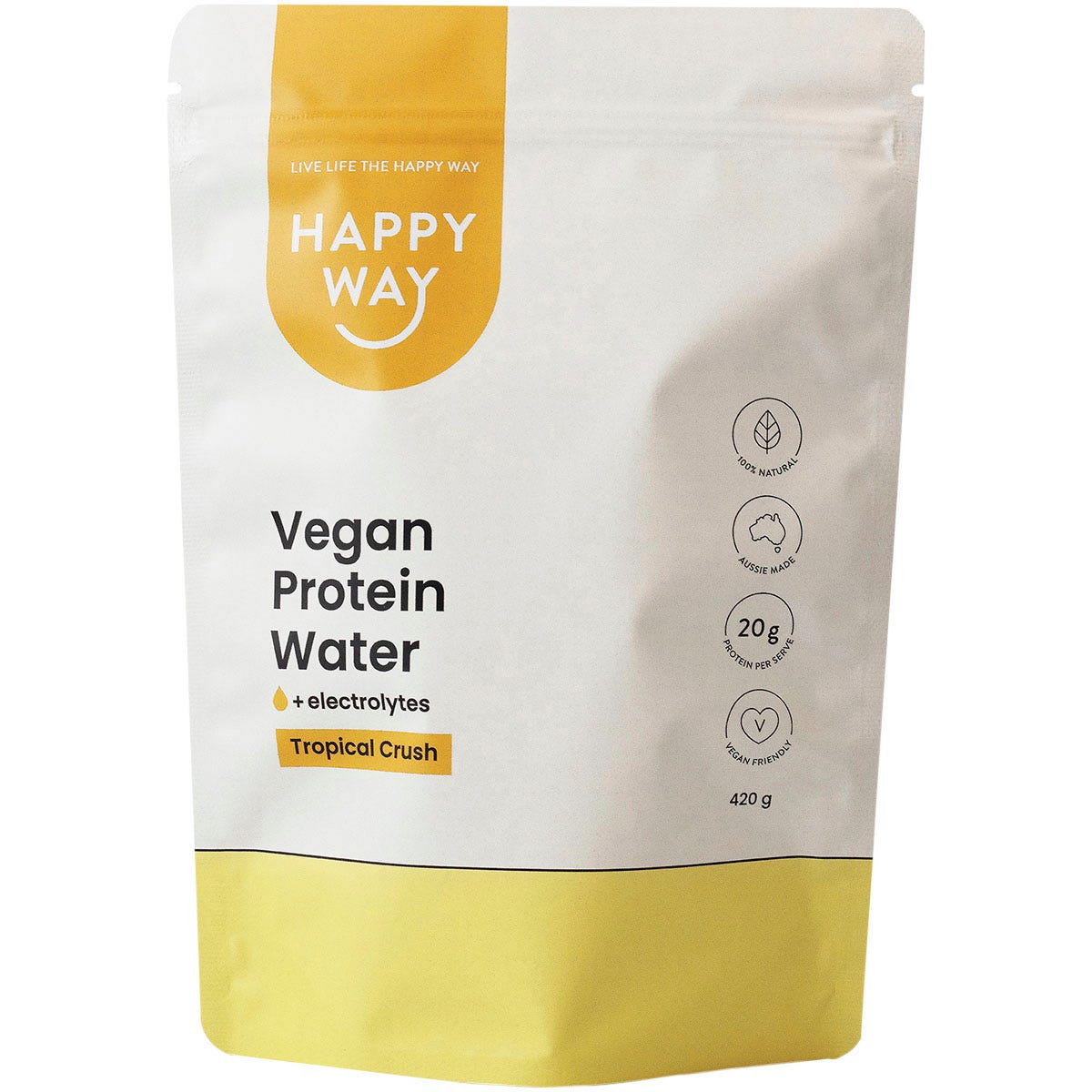 Happy Way Vegan Protein Water Tropical Crush 420g tub with plant protein and electrolytes for hydration.