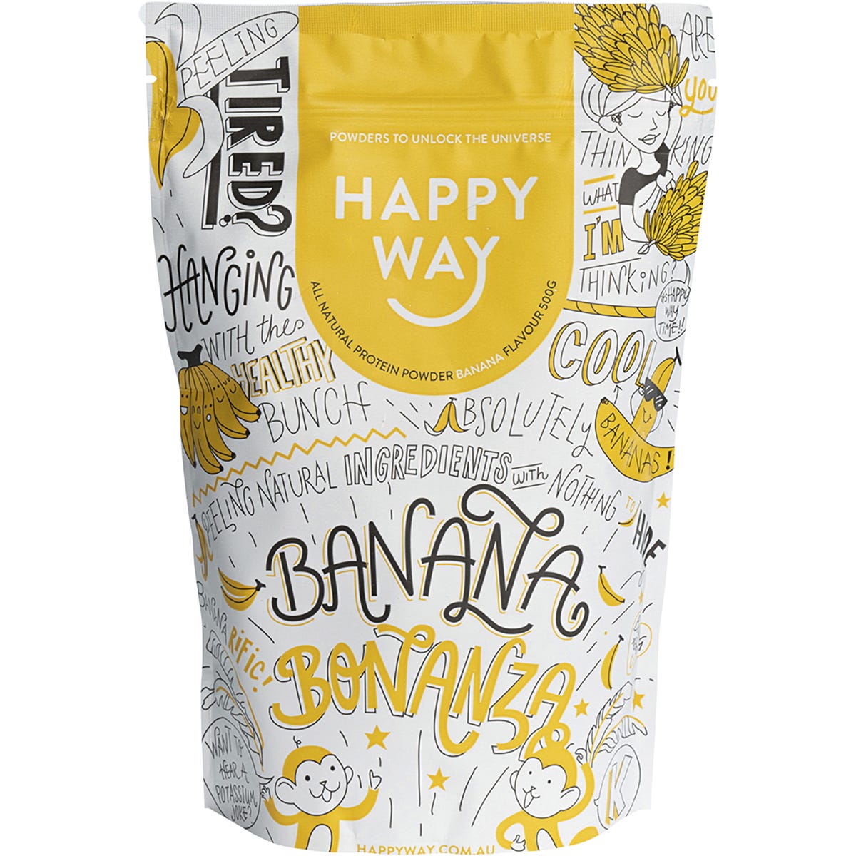 500g pouch of Happy Way Banana Whey Protein Powder with a bright yellow label and illustration of a banana.