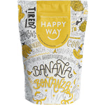 500g pouch of Happy Way Banana Whey Protein Powder with a bright yellow label and illustration of a banana.